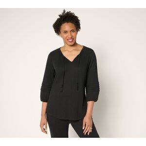 Fashion Women's Top Sz XL Denim & Co. Beach Knit Gauze Split Neck Black A692746